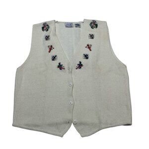 Vintage Leon Levin Sweater Vest Women M White Golf Theme Embroidered Button Down